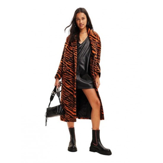 DESIGUAL Γυναικείο Παλτό με Κουμπιά Long Wool Zebra Coat 23WWEW52-7002 (Καφέ)