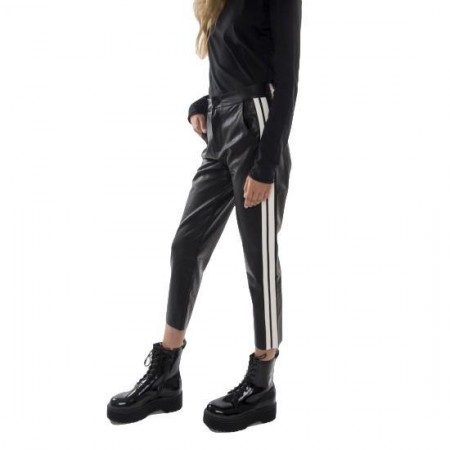 Funkybuddha Women's Leather Trousers with Stripes (Black)