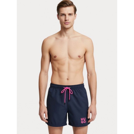 Hugo Ανδρικό Μαγιό Paolo Quick-dry swim shorts with printed stacked logo 50545464 410(Navy)
