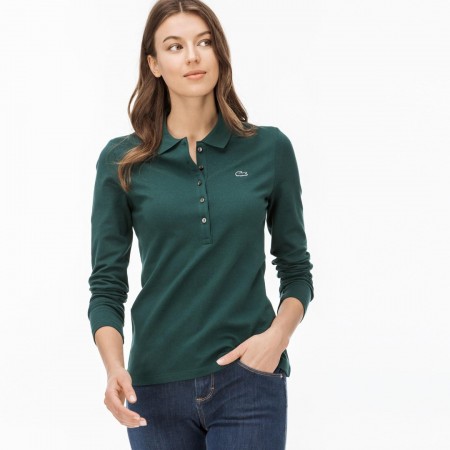 Lacoste Women Polo Blouse Long Sleeve Tight Line Dark Green - PF7841 00 E76