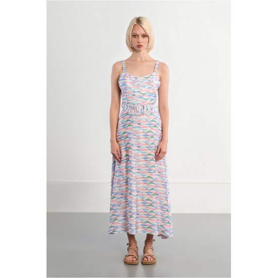 LILI SIDONIO Belted Maxi Woven Dress with Geometric Print TL496EE-Multi Colour
