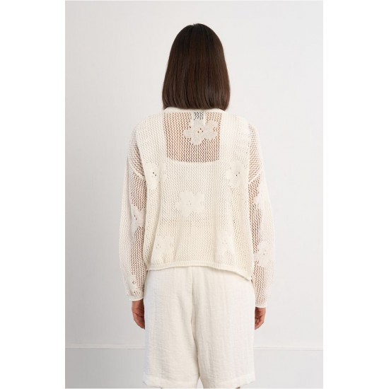LILI SIDONIO Fine Knit Cardigan with Floral Details LAL681EE-White(Λευκό)