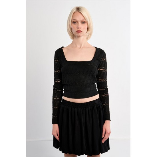 LILI SIDONIO Square Neck Crochet Knit NL41EP-Black(Μαύρο)