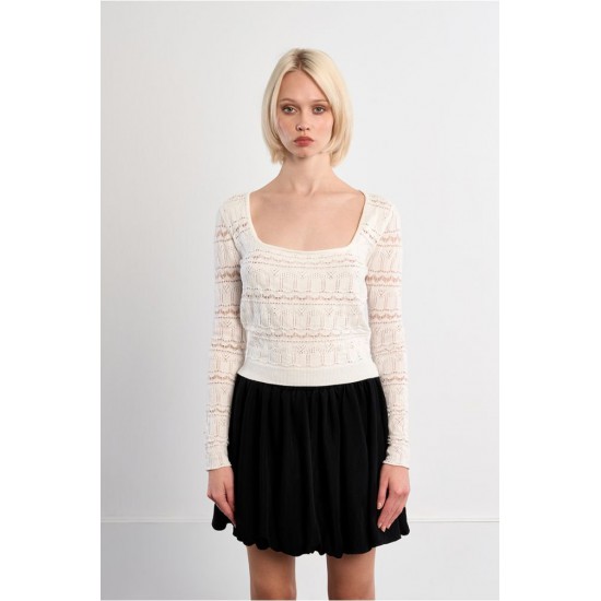 LILI SIDONIO Square Neck Crochet Knit NL42EP-White(Λευκό)