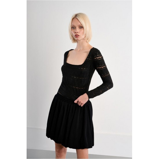 LILI SIDONIO Square Neck Crochet Knit NL41EP-Black(Μαύρο)