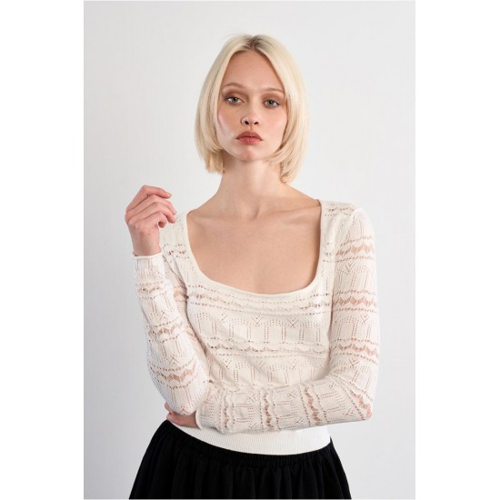 LILI SIDONIO Square Neck Crochet Knit NL42EP-White(Λευκό)