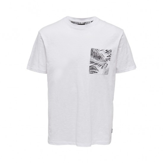 ONLY & SONS Ανδρικό Βαμβακερό T-shirt με Print στο τσεπάκι PERRY LIFE REG LEAF SS POCKETTEE NOOS 22025286-Bright White