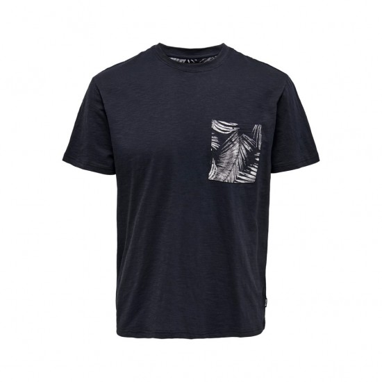 ONLY & SONS Ανδρικό Βαμβακερό T-shirt με Print στο τσεπάκι PERRY LIFE REG LEAF SS POCKETTEE NOOS 22025286-Dark Navy