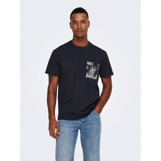 ONLY & SONS Ανδρικό Βαμβακερό T-shirt με Print στο τσεπάκι PERRY LIFE REG LEAF SS POCKETTEE NOOS 22025286-Dark Navy