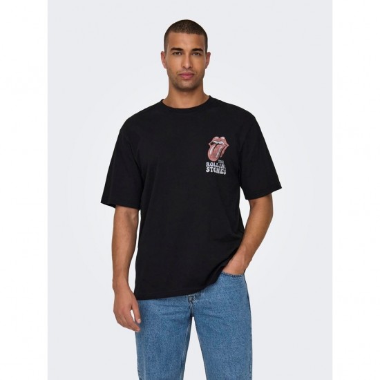 ONLY & SONS Ανδρικό T-shirt Relaxed Fit με Στάμπα Rolling Stones 22028756-Black (Μαύρο)