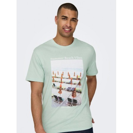 ONLY & SONS Ανδρικό Βαμβακερό T-shirt με Στάμπα Photoprint Tee 22028735-Surf Spray (Πράσινο/Μέντα)