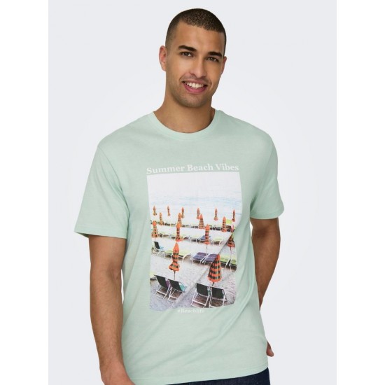 ONLY & SONS Ανδρικό Βαμβακερό T-shirt με Στάμπα Photoprint Tee 22028735-Surf Spray (Πράσινο/Μέντα)