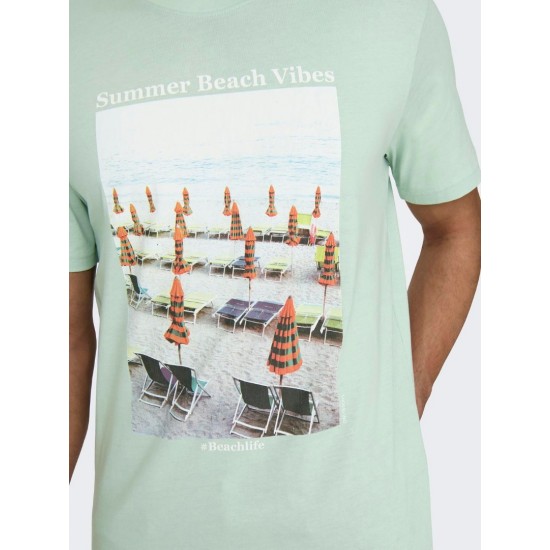 ONLY & SONS Ανδρικό Βαμβακερό T-shirt με Στάμπα Photoprint Tee 22028735-Surf Spray (Πράσινο/Μέντα)