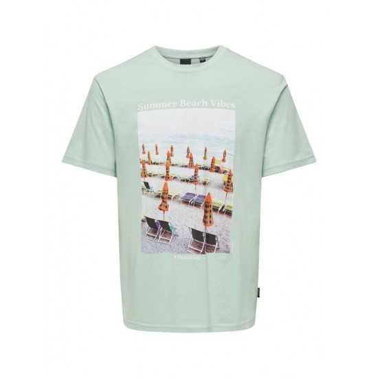 ONLY & SONS Ανδρικό Βαμβακερό T-shirt με Στάμπα Photoprint Tee 22028735-Surf Spray (Πράσινο/Μέντα)