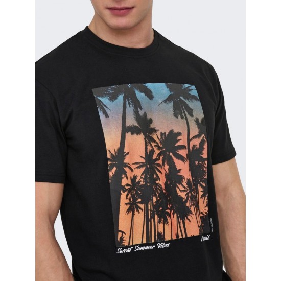 ONLY & SONS Ανδρικό Βαμβακερό T-shirt με Στάμπα Photoprint Tee 22028735-Black (Μαύρο)