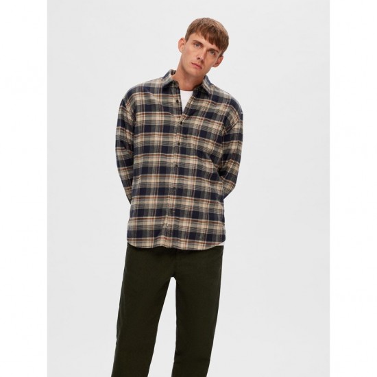 SELECTED Ανδρικό Πουκάμισο Καρό Regular Fit Flannel Shirt 16090884-Sugar Almond Checks (Μπεζ/Μπλε)