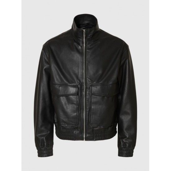 SELECTED Ανδρικό Δερμάτινο Μπουφάν Regular Fit Leather Bomber Jacket 16098284-Black (Μαύρο)