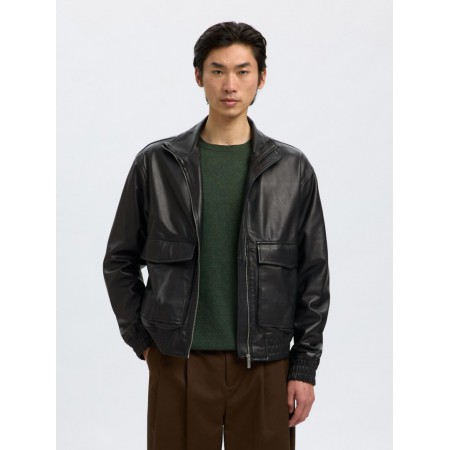 SELECTED Ανδρικό Δερμάτινο Μπουφάν Regular Fit Leather Bomber Jacket 16098284-Black (Μαύρο)