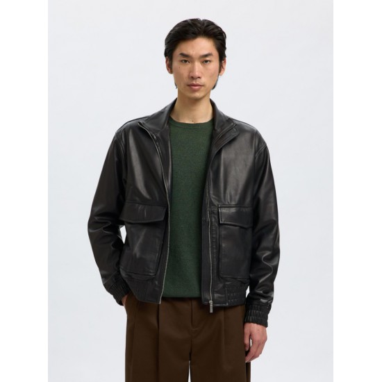 SELECTED Ανδρικό Δερμάτινο Μπουφάν Regular Fit Leather Bomber Jacket 16098284-Black (Μαύρο)