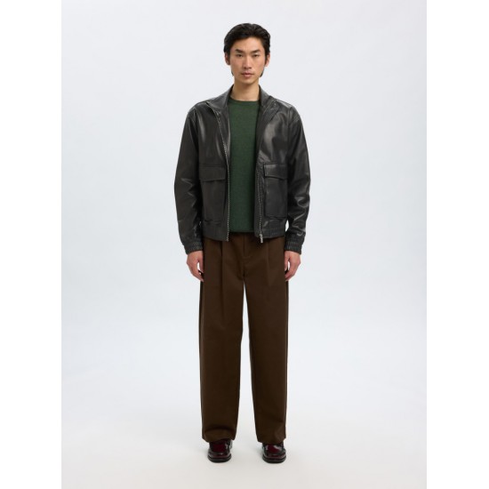 SELECTED Ανδρικό Δερμάτινο Μπουφάν Regular Fit Leather Bomber Jacket 16098284-Black (Μαύρο)