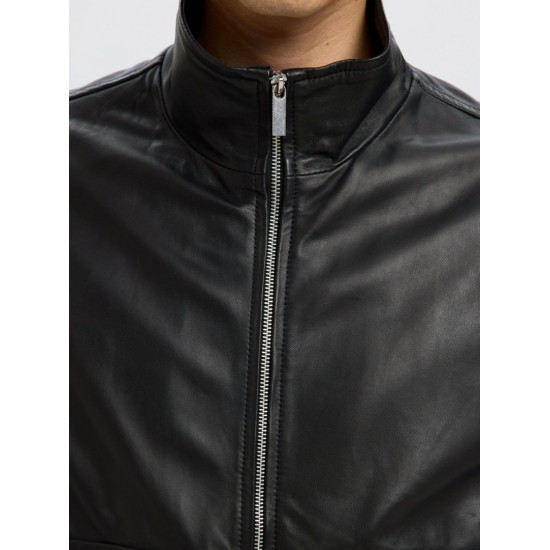 SELECTED Ανδρικό Δερμάτινο Μπουφάν Regular Fit Leather Bomber Jacket 16098284-Black (Μαύρο)