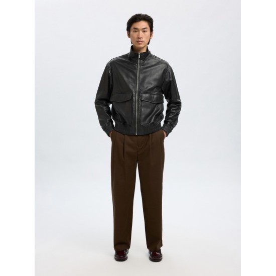 SELECTED Ανδρικό Δερμάτινο Μπουφάν Regular Fit Leather Bomber Jacket 16098284-Black (Μαύρο)