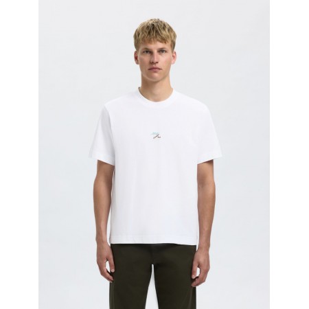SELECTED Ανδρικό Βαμβακερό T-shirt Regular Fit Backprint 16098577-Bright White (Λευκό)