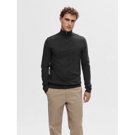 SELECTED Ανδρικό Βαμβακερό Πλεκτό με Φερμουάρ Half Zip Cardigan 16074687-Antracit Melange (Γκρι)