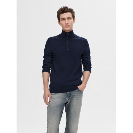 SELECTED Ανδρικό Βαμβακερό Πλεκτό με Φερμουάρ Half Zip Cardigan 16074687-Navy (Μπλε)