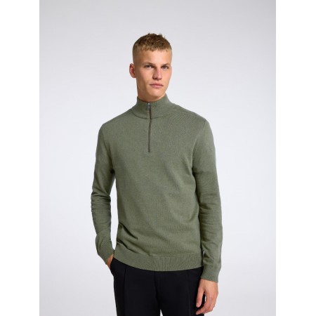 SELECTED Ανδρικό Βαμβακερό Πλεκτό με Φερμουάρ Half Zip Cardigan 16074687-Kalamata Melange (Χακί)