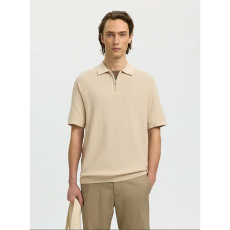 SELECTED Ανδρικό Polo Κλώστινο SLHCRAN SS KNIT STRUCTURE ZIP Regular Fit 16096388-Oatmeal(Μπεζ)