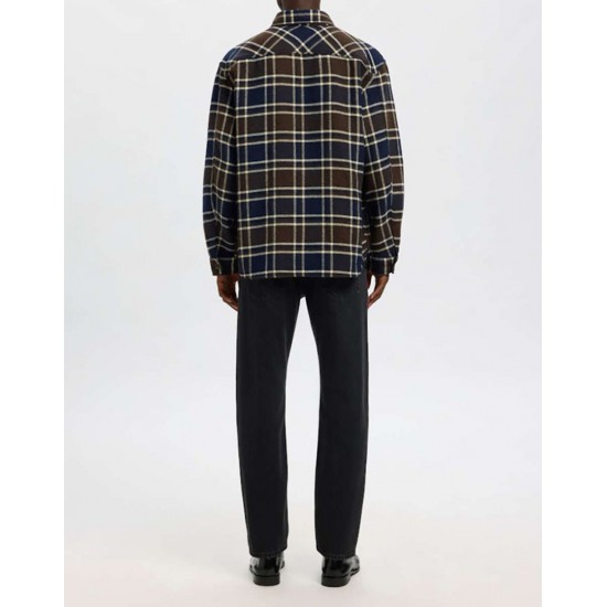 SELECTED Ανδρικό Βαμβακερό Καρό Πουκάμισο Overshirt Relaxed Fit Wool Blend 16086503-Dark Brown Mela/Multicolor(Καφέ/Μπλε)