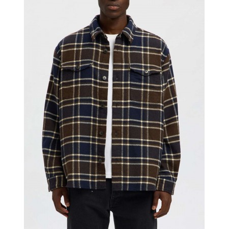 SELECTED Ανδρικό Βαμβακερό Καρό Πουκάμισο Overshirt Relaxed Fit Wool Blend 16086503-Dark Brown Mela/Multicolor(Καφέ/Μπλε)