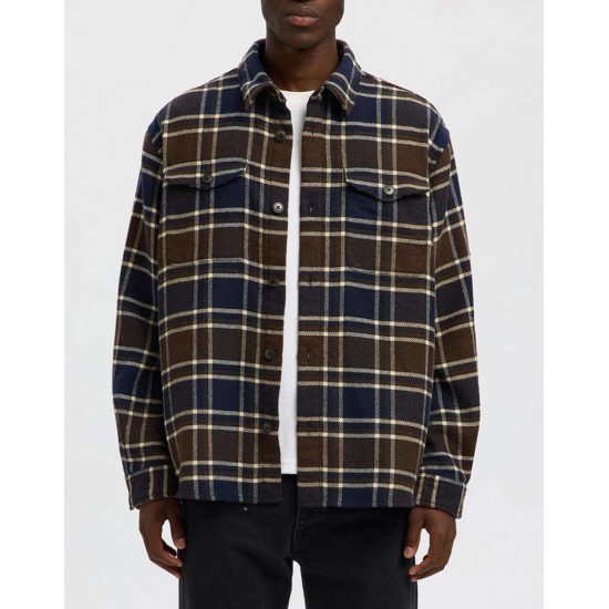 SELECTED Ανδρικό Βαμβακερό Καρό Πουκάμισο Overshirt Relaxed Fit Wool Blend 16086503-Dark Brown Mela/Multicolor(Καφέ/Μπλε)