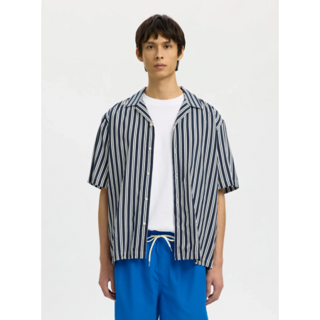 SELECTED Ανδρικό Βαμβακερό Πουκάμισο SLHRLXAIR MIX STRIPES Relaxed Fit 16091381-Sky Captain/White