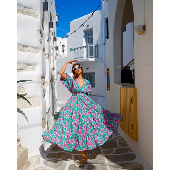 SO BOHEMIAN-Rita Dress SB037GP Green Pink (Πράσινο-Ροζ)