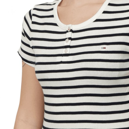 TOMMY JEANS Γυναικείο T-shirt TJW Slim Button Rib Crewneck SS DW0DW19502-OFE (Navy Stripes)
