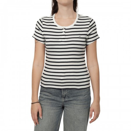 TOMMY JEANS Γυναικείο T-shirt TJW Slim Button Rib Crewneck SS DW0DW19502-OFE (Navy Stripes)