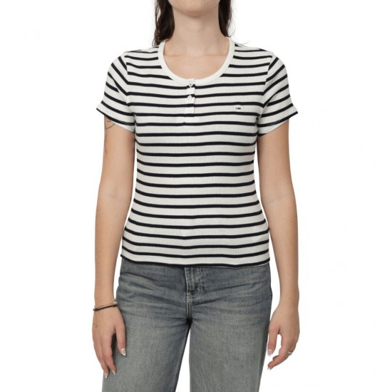 TOMMY JEANS Γυναικείο T-shirt TJW Slim Button Rib Crewneck SS DW0DW19502-OFE (Navy Stripes)