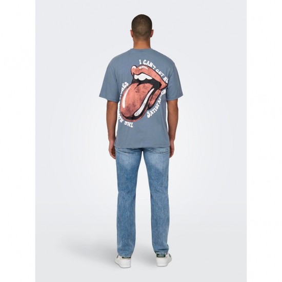 ONLY & SONS Ανδρικό T-shirt Relaxed Fit με Στάμπα Rolling Stones 22028756-Flint Stone (Μπλε Ραφ)