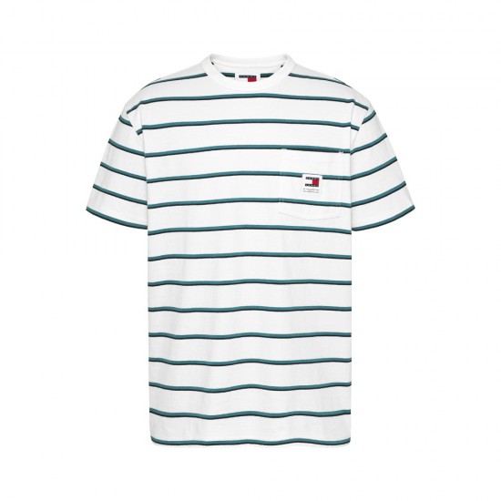 Tommy Jeans Ανδρικό Βαμβακερό T-shirt Regular Fit Stripe Tee DM0DM18659-YBR (Λευκό)