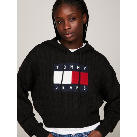 Tommy Jeans Γυναικείο Πλεκτό Center Flag Knit Cable Hoodie DW0DW16528-BDS (Μαύρο)