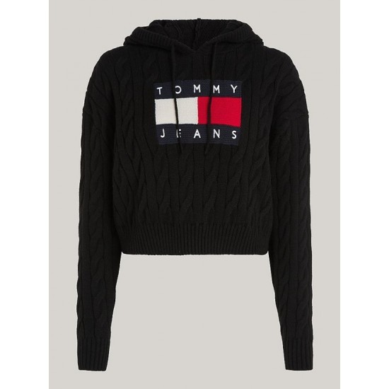 Tommy Jeans Γυναικείο Πλεκτό Center Flag Knit Cable Hoodie DW0DW16528-BDS (Μαύρο)