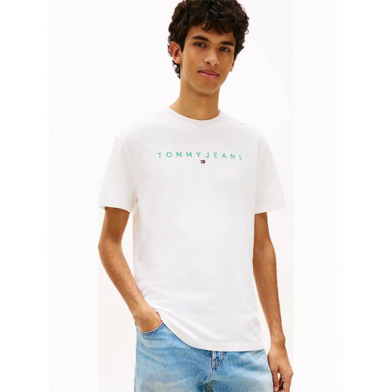 TOMMY JEANS Ανδρικό Βαμβακερό T-shirt Linear Logo Tee DM0DM20744-L5Y(Λευκό/Πράσινο)