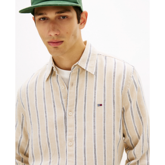 Tommy Jeans  Ανδρικό Λινό Πουκάμισο με Ρίγες Regular Fit DM0DM22755-AES(Μπεζ/Μπλε)