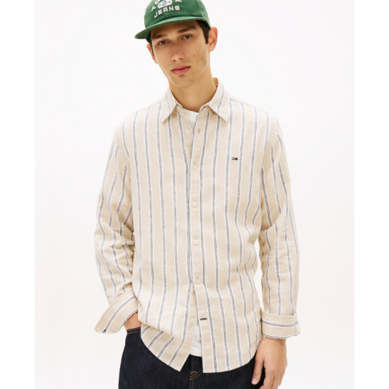 Tommy Jeans  Ανδρικό Λινό Πουκάμισο με Ρίγες Regular Fit DM0DM22755-AES(Μπεζ/Μπλε)