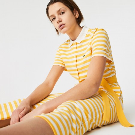 LACOSTE Women's Cotton Piqué Belted Striped Polo Dress EF0607 00 RZC Yellow