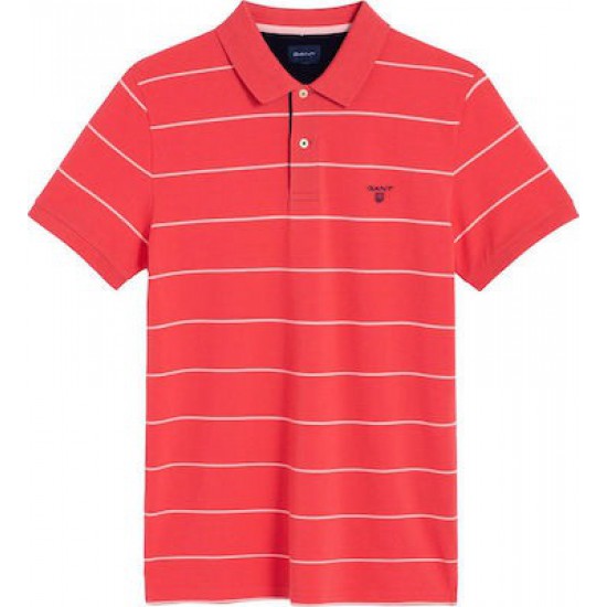 Gant Ανδρική Βαμβακερή Ριγέ 3 Colour Polo Pique Μπλούζα Κανονική Γραμμή 2022058 648 Κόκκινο Κοραλί
