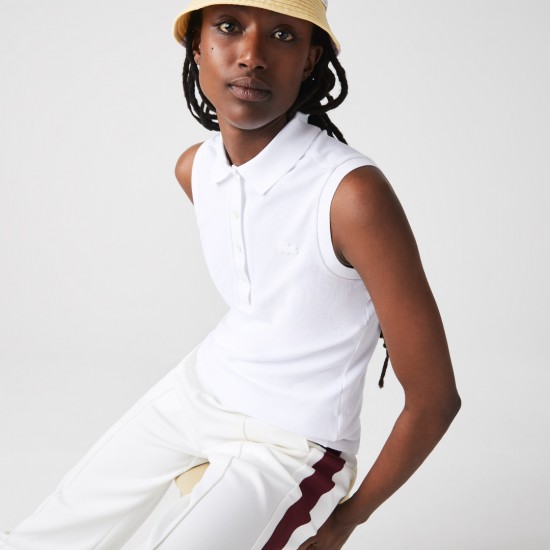 Lacoste Γυναικεία Βαμβακερή Αμάνικη Polo Μπλούζα Slim Fit PF5445 00 001 Λευκή