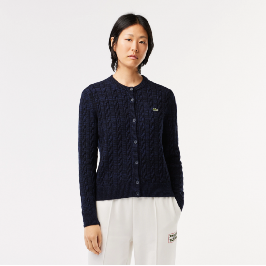 Lacoste Γυναικεία Μάλλινης Υφής Ζακέτα Cable Knit AF0904 00 L6L Μπλε Σκούρο